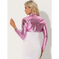 The holographic fabric of this bolero adds a bold and daring touch that is perfect for making a statement at any party or event. Made from lightweight and breathable fabric, this bolero offers comfort and ease of movement all night long. With its cropped length, this bolero pairs perfectly with dresses, jumpsuits, or even high-waisted jeans for a stylish and trendy look. Occasion: Office, Party, Cocktail, Club, Wedding, Vacation, Travel, Holiday, Beach, Going Out, Street, Shopping, Coffee Shop, Metallic Fitted Tops For Party, Fitted Metallic Tops For Party, Winter Party Fitted Shrug, Metallic Long Sleeve Tops For Club, Metallic Long Sleeve Club Tops, Metallic Disco Crop Top For Party, Fitted Metallic Crop Top For Evening, Disco Metallic Crop Top For Party, Disco Style Metallic Crop Top For Party