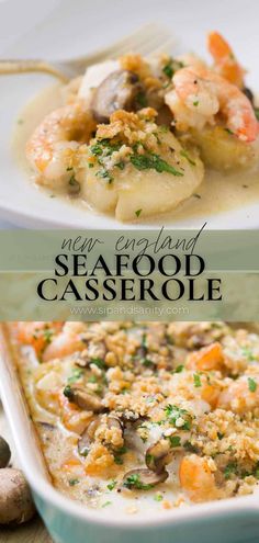 seafood casserole with mushrooms and carrots in a blue dish