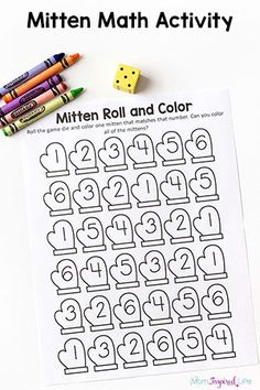 a printable worksheet with numbers and dices on it, next to crayons