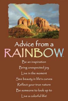 advice from a rainbow on the cover of a book with an image of mountains in the background