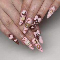 Rilakkuma Nails, Fake Acrylic Nails, Kawaii Bear, Bears Nails, Nails 3d, Chocolate Design, Cat Nails