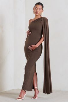 Amaryllis Chocolate Maternity One Shoulder Maxi Dress with Cape Slee – Club L London - USA Fitted Floor-length Maternity Gown, Elegant Maternity Bodycon Dress, Elegant Stretch Maternity Dress, Elegant Evening Maternity Dress With Stretch, Maternity Stretch Maxi Dress, Stretch Maternity Maxi Dress, Maternity Wear Fitted Maxi Dress, Stretch Maxi Dress For Maternity Wear, Elegant Bodycon Maternity Dress