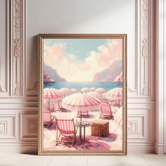 there is a painting on the wall with chairs and umbrellas