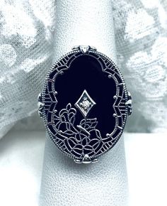 Art Deco Ring Black Glass Oval Sterling Silver 925 Filigree | Made To Order #594 Filigree Jewelry, Oval Ring, Oval Rings, Deco Ring, Ring Black, Antique Design, Art Deco Ring, Silver Filigree, Black Rings