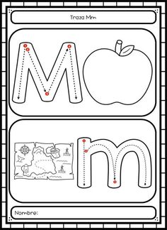 the letter m worksheet with an apple on it and a map in the background