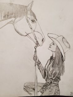 a drawing of a girl holding a horse's bridle and looking at it