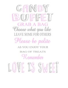 the words candy buffet are written in pink and grey on a white background with an image of