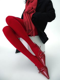 Trendy Red Hosiery For Winter, Trendy Fitted Red Hosiery, Fitted Red Fall Hosiery, Red Stretch Hosiery For Winter, Red Tight Tights For Winter, Red Pantyhose, Mode Shoes, Red Tights, Red Stockings