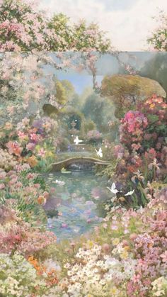 a painting of flowers and birds in a garden with a bridge over a stream that runs through it