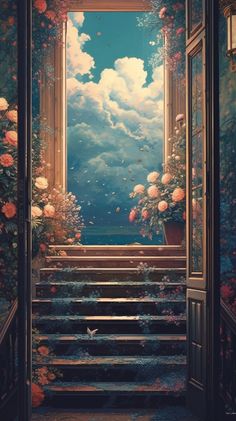 an open door leading to a stairway with flowers on the steps and clouds in the sky