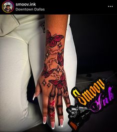 a woman's hand with butterflies on it and the words sunny ink written below