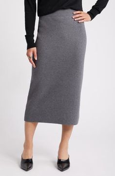 Knit from a luxe blend featuring cotton and cashmere, this slim sweater-skirt will be a work-to-weekend staple. Elastic waist 82% cotton, 13% cashmere, 4% other fibers, 1% spandex Machine wash, dry flat Imported Elegant Knit Bottoms For Workwear, Fitted Knit Skirt For Work, Classic Stretch Pencil Skirt For Fall, Elegant Knit Skirt For Work, Casual Gray Stretch Skirt, Elegant Knit Pencil Skirt, Non-stretch Cotton Pencil Skirt, Heather Grey Cotton Crew Sweater, Medium Wash Non-stretch Cotton Skirt