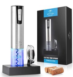 an electric wine opener with corks next to it and a box on the side