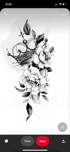 a black and white drawing of flowers on a cell phone with the text view save below