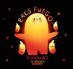 an orange cartoon character with five smaller ones around it's neck and the words fres fuego