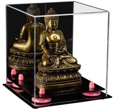 a golden buddha statue sitting in a glass box with orange candles around it's feet