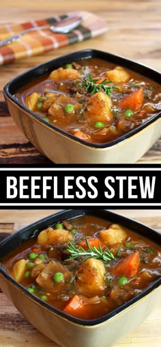 two bowls filled with beef stew on top of a wooden table and the words beefless stew