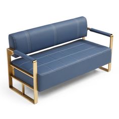 a blue leather couch with gold frame on an isolated white background for use in interior and exterior design