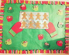 a bulletin board with gingerbreads on it and paper cutouts in the shape of mittens