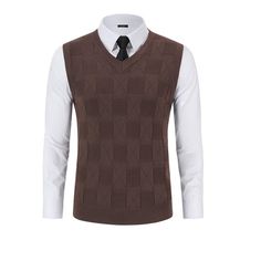 Elevate your business casual wardrobe with our Men's V Neck Sweater Vest, featuring a checkered sleeveless pullover design that adds a touch of sophistication to your ensemble. This knitwear vest is perfect for layering over dress shirts or under blazers for a polished and stylish look. Crafted from a blend of 50.7% Viscose, 28.6% Polyester, and 20.7% Nylon, this sweater vest offers a comfortable and breathable feel that is ideal for all-day wear. Available in a variety of stylish colors includi Sweater Vest With Dress, Vest With Dress, Mens Sweater Vest, Brown Sweater Vest, Casual Knitted Sweater, Business Casual Wardrobe, V Neck Sweater Vest, Men's V Neck Sweaters, Vintage Sweater Vest