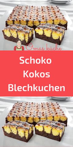 several pieces of cake on a plate with the words schoko blechkuchen