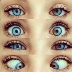 four different pictures of blue eyes with long lashes