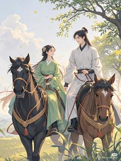 two people riding on the backs of horses in front of a tree and grass covered field