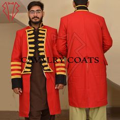 New Men Red Wool British Royal Vice-Admiral Military Jacket, Lancer Officer Coat, Admiral Officer Jacket, British Officer Jacket By Cavalry Coats With Worldwide Shipping  STYLE PROFILE: Crafted with 100% Wool material, this custom-fit coat exudes elegance and style. Primary Color: Red Expertly tailored for a refined finish. SIZING DETAILS: To ensure the perfect fit, please provide the following measurements: Chest Size: Measure around the fullest part of your chest. Waist Size: Measure around yo Red Military Long Sleeve Outerwear, Red Cotton Blazer For Winter, Red Stand Collar Blazer For Winter, Red Fitted Nehru Jacket For Fall, Red Long Sleeve Nehru Jacket For Fall, Fitted Coat, Red Wool, British Royals, Style Profile