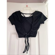 Nwt Short Sleeve Crop Top With Lace Up Back - Really Cute Top! Black Size S Bundle For A Deal! Black Stretch Top With Tie Back, Black Cotton Tie Back Top, Fitted Black Crop Top With Tie Back, Black Tie Back Crop Top, Black Tie-back Top For Beach, Black Tie-back Crop Top For Spring, Black Tie Back Crop Top For Spring, Black Tie Back Top For Day Out, Black Casual Tops With Tie Back