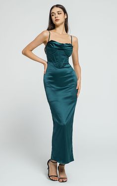 Fitted Green Corset Dress For Prom Season, Fitted Satin Maxi Dress With Satin Finish, Satin Finish Fitted Maxi Evening Dress, Fitted Green Maxi Dress With Ruched Bodice, Green Ruched Maxi Dress With Fitted Bodice, Fitted Satin Finish Midi Dress For Prom, Green Corset Back Dress For Prom, Green Corset Dress With Corset Back For Prom, Fitted Satin Maxi Dress