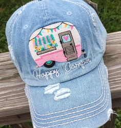 "Happy Camper" Distressed Embroidered Baseball Cap Painted Baseball Cap, Sawgrass Sg500, Baseball Cap Outfit Men, Baseball Cap Outfit Summer, Ball Cap Outfit, Baseball Hat Outfit, Baseball Cap Outfit, Camper Shirt, Painted Hats