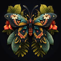 a colorful butterfly with leaves and flowers on it's wings