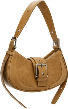 Crinkled leather shoulder bag in brown. · Detachable and adjustable shoulder strap · Pin-buckle tab at face · Magnetic press-stud flap · Zip closure · Patch pocket at interior · Faux-suede lining · Logo-engraved silver-tone hardware · H6 x W11.25 x D3.25 Supplier color: Peanut brown Luxury Brown Shoulder Bag With Buckle Closure, Leather Satchel Shoulder Bag With Buckle Closure, Leather Saddle Shoulder Bag With Buckle Closure, Leather Saddle Shoulder Bag With Buckle, Leather Baguette Bag With Metal Hardware For Travel, Trendy Leather Baguette Bag With Silver-tone Hardware, Leather Shoulder Bag With Rectangular Buckle, Rectangular Leather Shoulder Bag With Buckle Closure, Leather Satchel Baguette Bag With Silver-tone Hardware