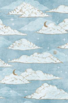 the sky is full of clouds with stars and crescents on them, as if they were floating in the air