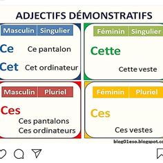 four different types of words in french with the names below them and their corresponding meanings