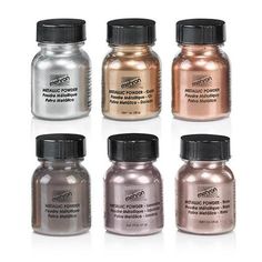 four different colors of metallic pigments in various sizes and shapes on a white background