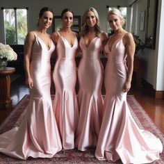 Pink V-neck Mermaid Satin Bridesmaid Dresses Types Of Bridesmaid Dresses, Long Pink Bridesmaid Dresses, Bridesmaid Dresses Mermaid, Pink Bridesmaid Dresses Long, Wedding Guest Gowns, Mermaid Bridesmaid, Pink Bridesmaid Dress, Pink Mermaid, Mermaid Bridesmaid Dresses