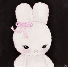 a painting of a white rabbit with a pink ribbon on its head and eyes, sitting in front of a black background