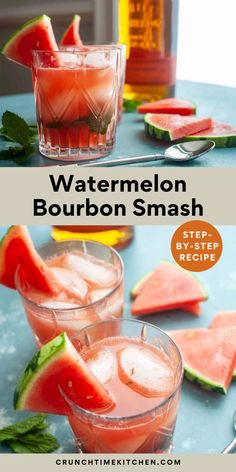 Watermelon Drinks. With Text Reading: Watermelon Bourbon Smash Cocktail. Watermelon Bourbon Smash, Simply Watermelon Juice Cocktail, Alcoholic Watermelon Drink, Watermelon Mint Cocktail, Watermelon Whiskey Drink, Fresh Watermelon Cocktail, Cocktails With Watermelon