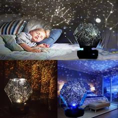 three different pictures with stars in the night sky and a child laying on a bed