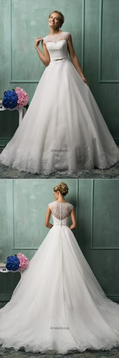 the back and side views of a wedding dress