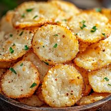 a wooden bowl filled with fried potatoes on top of a table and garnished with parsley