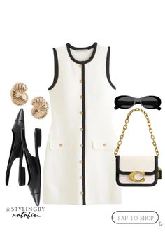 Sleeveless dress with gold button detail, contrast hems, coach idol bag, flat pointed slingback shoes, gold earrings and black sunglasses.  🏷️ Day dress, autumn dress, fall fashion, work wear, office dress, casual chic, classy dress, old money style.  #liketkit #LTKstyletip #LTKeurope #LTKworkwear #dresses #dressesinspiration #workdress @shopLTK #daydress #sleevelessdress #casualchicstyle #parisiennestyle #frenchchic #classystyle #oldmoney #coachbag #contrasthem #dressoftheday #timelessstyle #effortlesschic #dailystyle #chic #workwear Coach Idol Bag, Classy Everyday Outfits, Ropa Old Money, Fall Fashion Work, Casual Chic Classy, Chic Mom Outfits, Parisian Chic Outfits, Dress Old Money, Chic Workwear