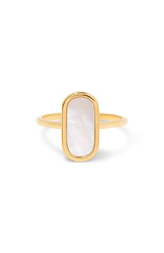 Accessorize in elegant, modern style with this 14-karat gold-plated ring featuring a lustrous mother-of-pearl inlay. 1/8" band; 1/2" x 1/4" setting 14k-gold plate/mother-of-pearl Imported Elegant Gold Rings With Mother Of Pearl, Classic Mother Of Pearl Ring For Formal Occasions, Classic Formal Rings With Mother Of Pearl, Gold Mother Of Pearl Rings For Anniversary, Gold Mother Of Pearl Anniversary Rings, Elegant White Adjustable Signet Ring, White Adjustable Elegant Signet Ring, Dream Things, Mother Of Pearl Ring