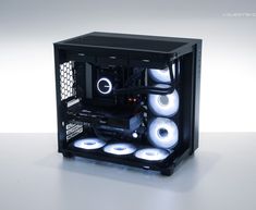 a black computer case with white wheels on it