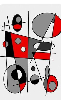 an abstract painting with red, grey and black shapes