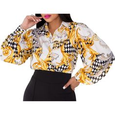 You Will Love These Stylish And Modern Blouses For Women That Have Beautiful, Vibrant Colors. They Have A Pretty Design And Fit Very Well Casual Long Sleeve Shirts Can Be Tie Front As A Dress Which Would Be Welcomed In Party Club Night,Help You Get Many Compliments. Classic Lapel Shirts With Vibrant Color Perfect Casual,Daily Wear,Travelling,Beach Cover Ups,Camping,Formal,Homecoming,Wedding,Birthday Gift,Dinner And So On. Yellow Long Sleeve Printed Top, Elegant Yellow Tops For Fall, Elegant Yellow Long Sleeve Shirt, Elegant Long Sleeve Yellow Shirt, Chic Printed Yellow Tops, Trendy Printed Yellow Blouse, Yellow Long Sleeve Blouse For Fall, Chic Yellow Printed Top, Fitted Yellow Printed Shirt