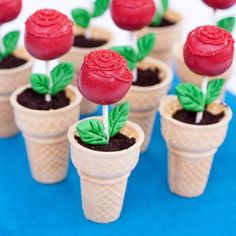 an image of some ice cream cones with flowers in them on the screen, and text that reads flour arrangements rose cake pops