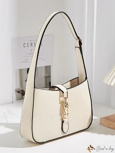 BirdinBag - Chic Metallic Accent Shoulder Bag with Contrast Binding - Simply Elegant Elegant Shoulder Bag With Hasp Closure For Errands, White Shoulder Bag With Hasp Closure For Daily Use, White Office Bags With Hasp Closure, White Rectangular Hobo Bag For Office, White Shoulder Bag With Hasp Closure, Baguette Bag, Bag Bag, Metallic Accents, Apricot