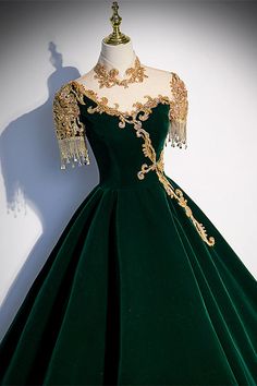 Gorgeous Dark Green A-line Long Formal Gown with Gold High Neck Green Ball Gown, Gaun Abad Pertengahan, डिजाइनर कपड़े, High Neck Prom Dress, Long Formal Gowns, Long Formal Dress, Prom Dress Stores, Beaded Prom Dress, Fantasy Gowns